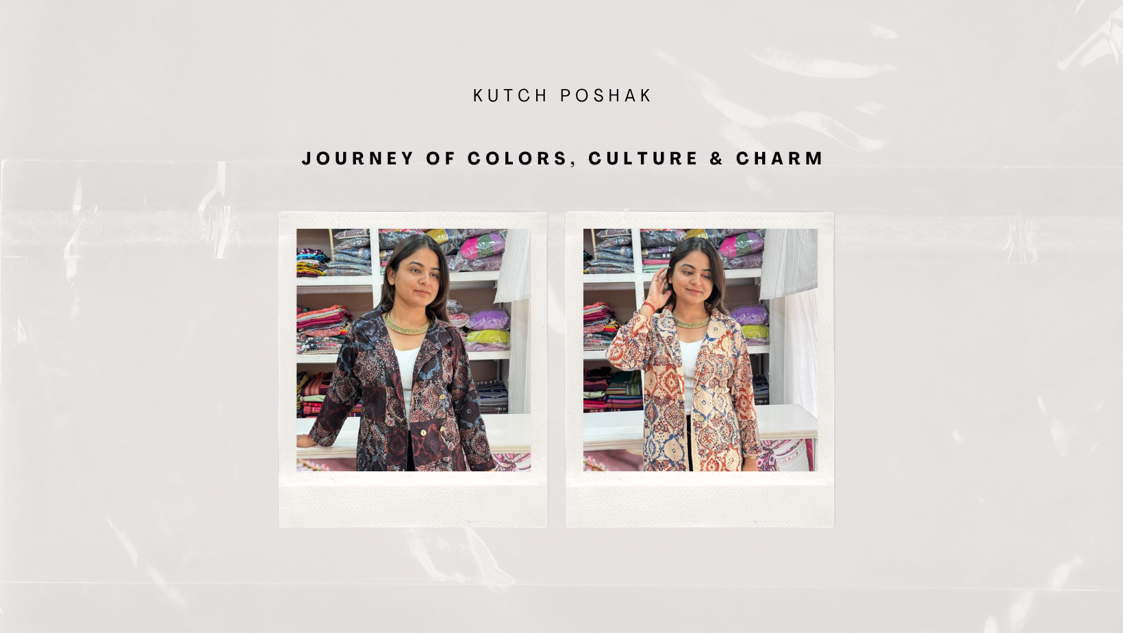 Woman wearing a patterned outfit with text 'Kutch Poshak' on a light gray background