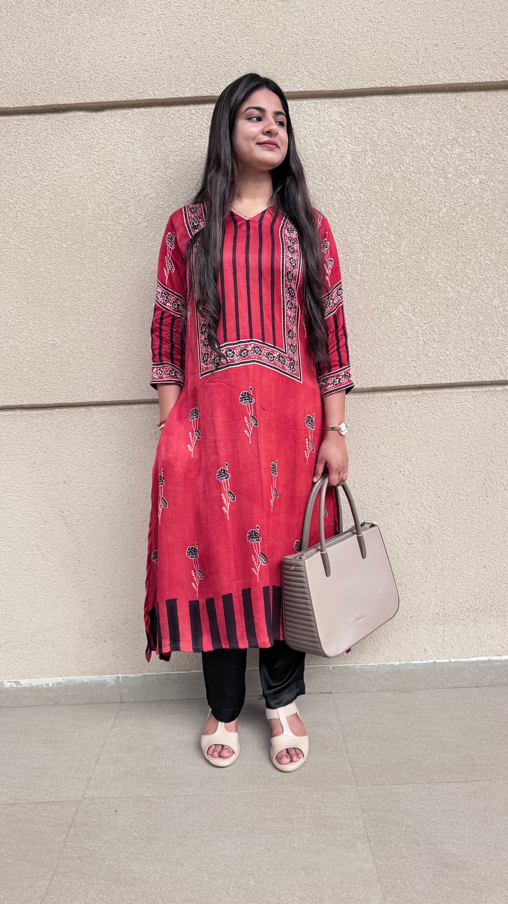 Red Rust Pure modal silk designer ajrakh handblock kurti from Kutch Poshak