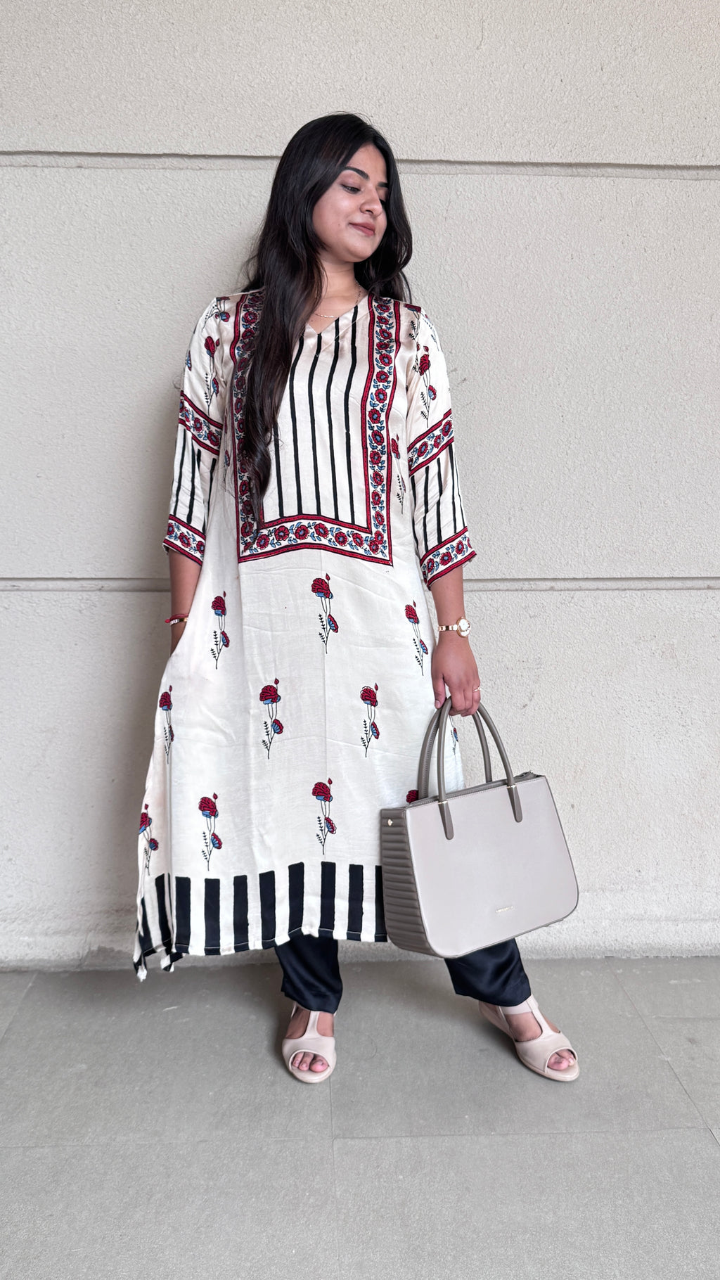 Ivory Pure modal Silk natural ajrakh handblock kurti from Kutch Poshak