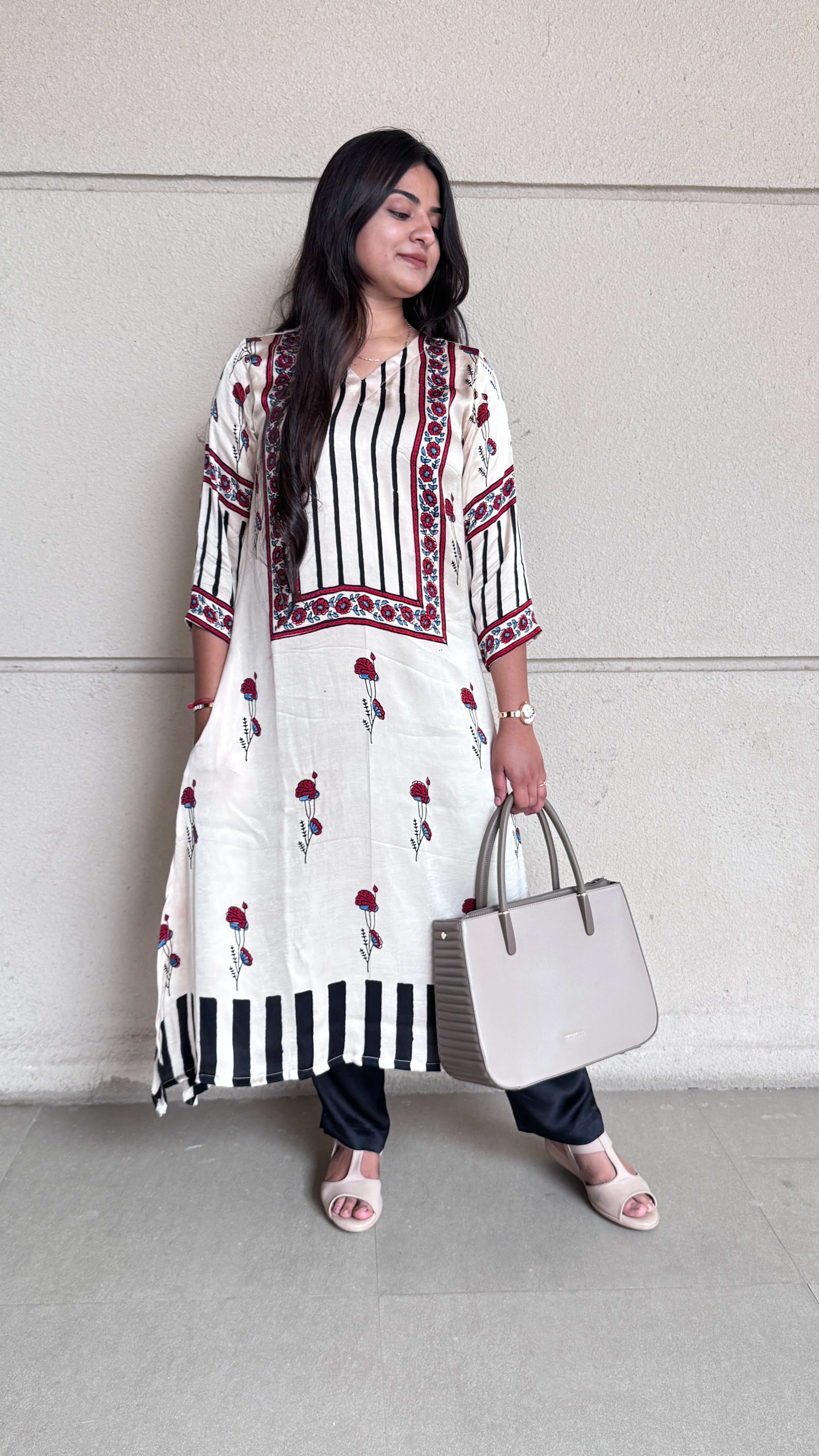 Ivory Pure modal Silk natural ajrakh handblock kurti from Kutch Poshak
