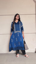 Navy Blue Pure Modal Silk Designer ajrakh handblock kurti from Kutch Poshak