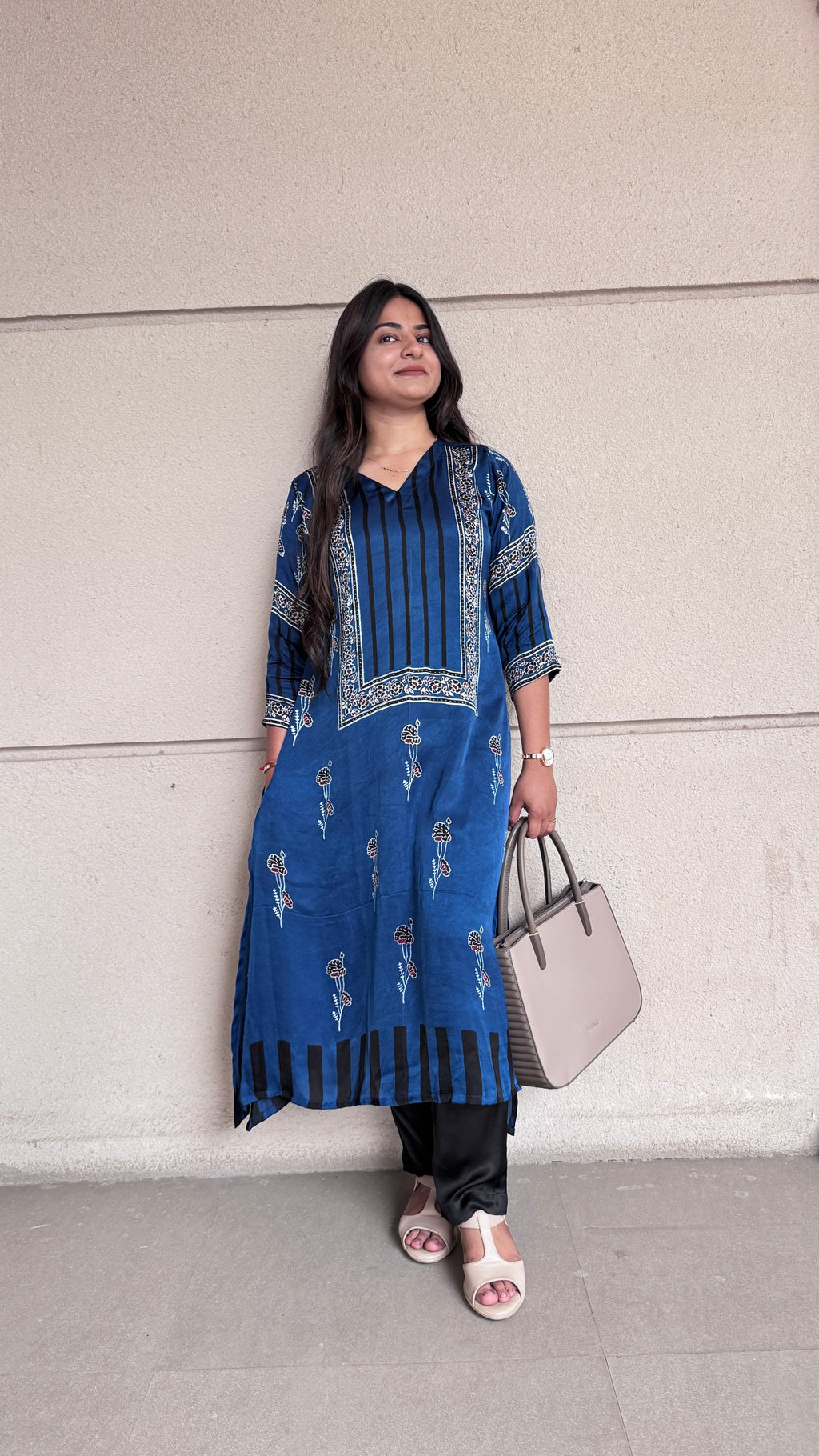 Navy Blue Pure Modal Silk Designer ajrakh handblock kurti from Kutch Poshak
