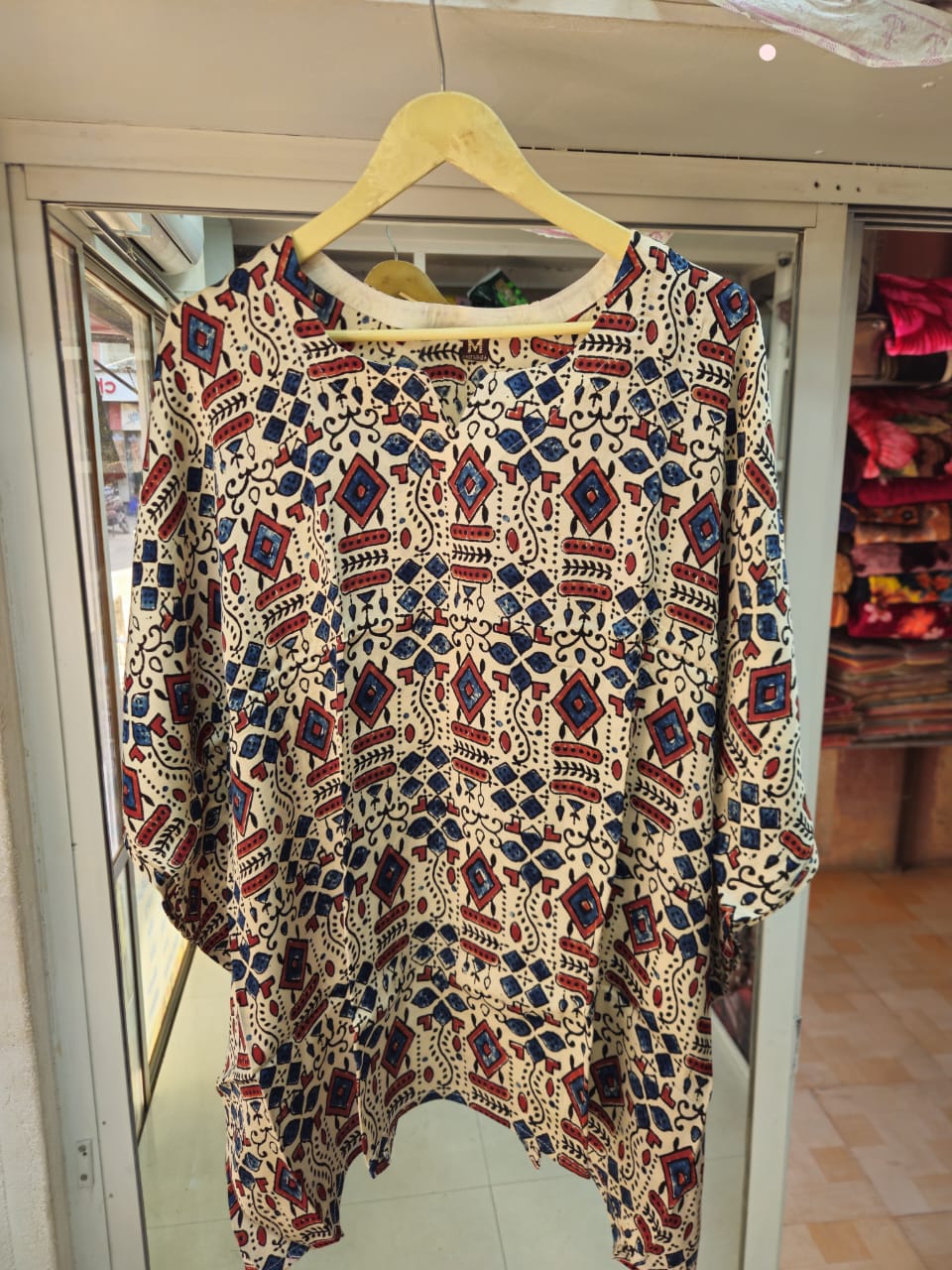 Beige, Mustard, Maroon, Navy, Ivory, Blue, Yellow, Red, Purple, Canary, Off White Modal Silk Kaftan Top from Kutch Poshak