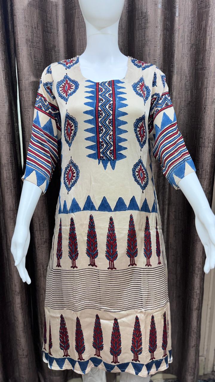 Close up of Pure Modal Silk Designer Ajrakh Handblock Kurti - Kutch Poshak