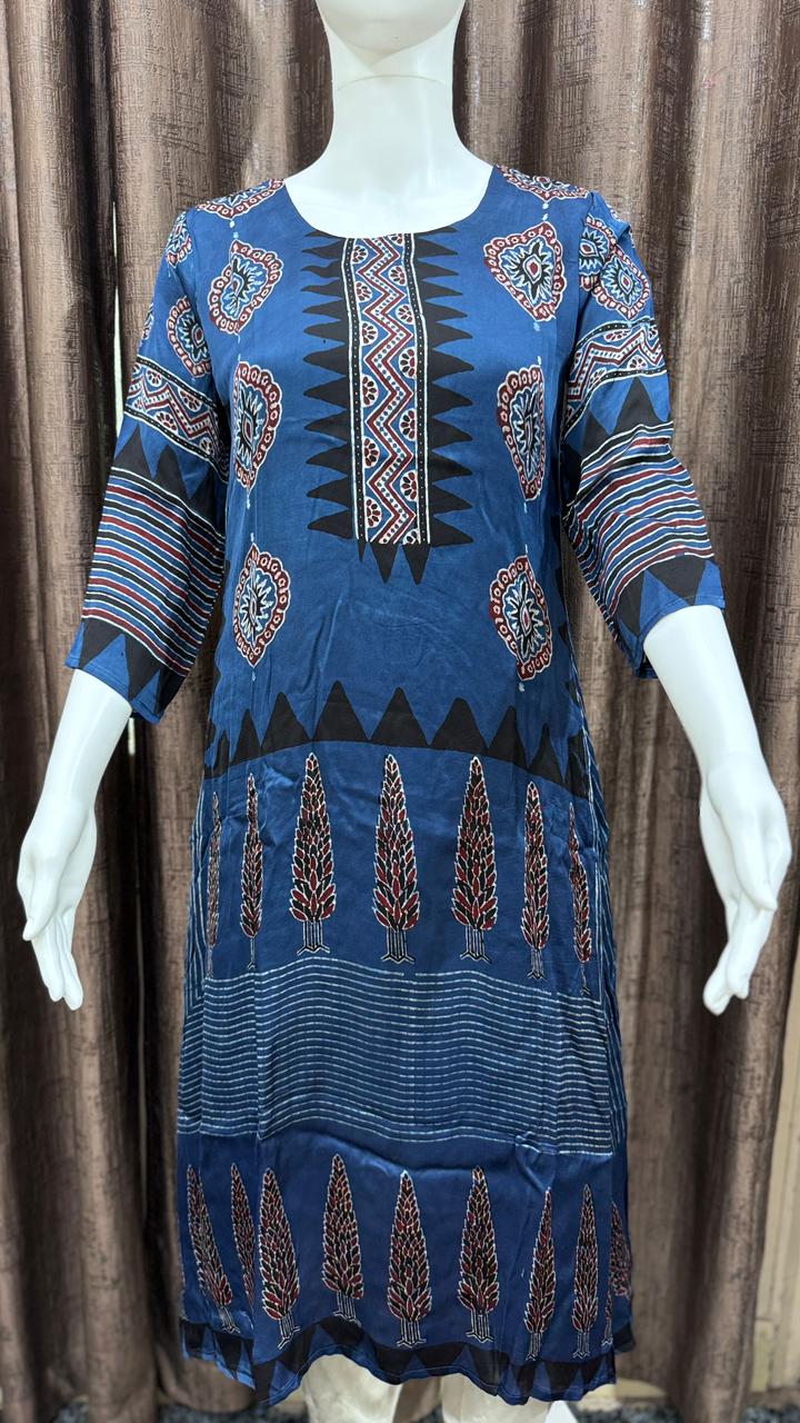 Blue, Red, Beige, Navy, Ivory Pure Modal Silk Designer Ajrakh Handblock Kurti from Kutch Poshak