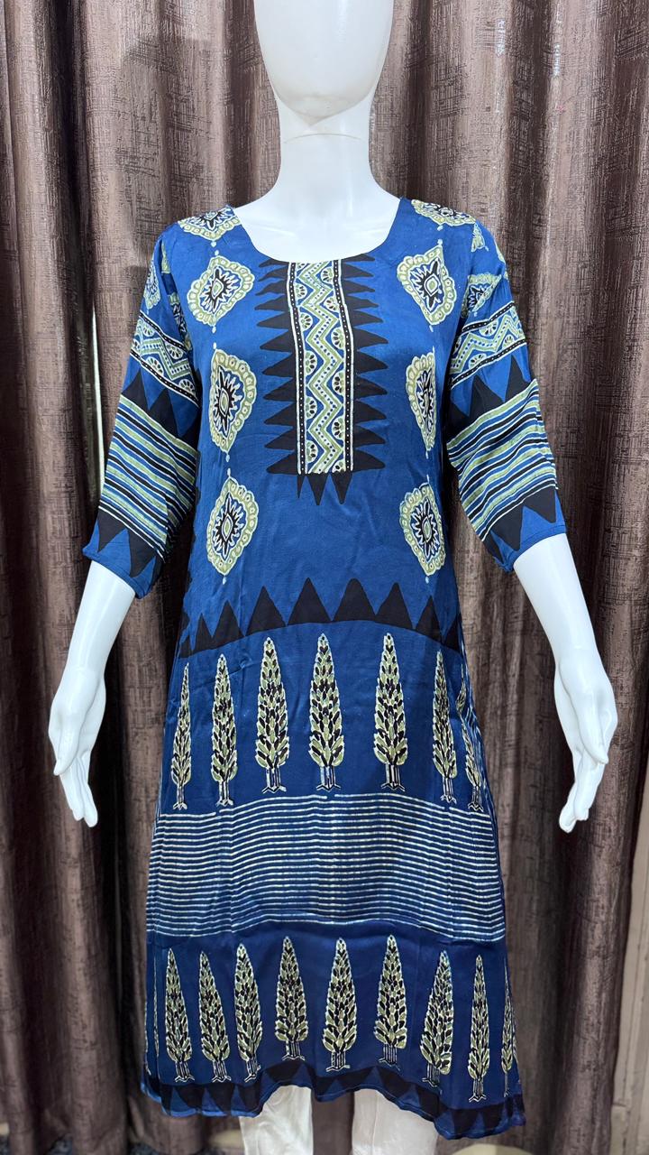 Close up of Pure Modal Silk Designer Ajrakh Handblock Kurti - Kutch Poshak