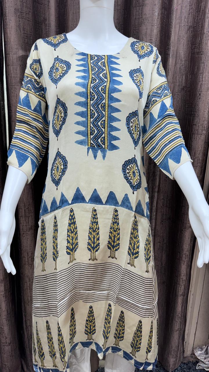 Close up of Pure Modal Silk Designer Ajrakh Handblock Kurti - Kutch Poshak