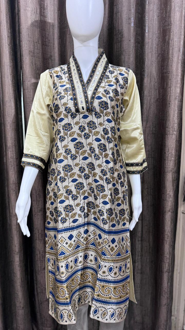 White Pure Mashru Silk Ajrakh Print Kurti from Kutch Poshak