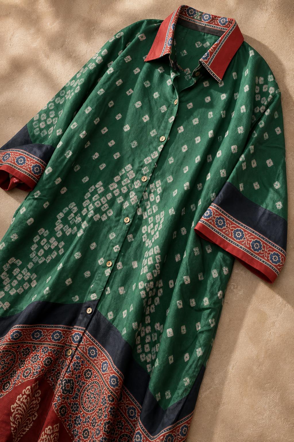 Bandhej×Ajrakh Long Shirt Kaftan - KutchPoshak detail shot