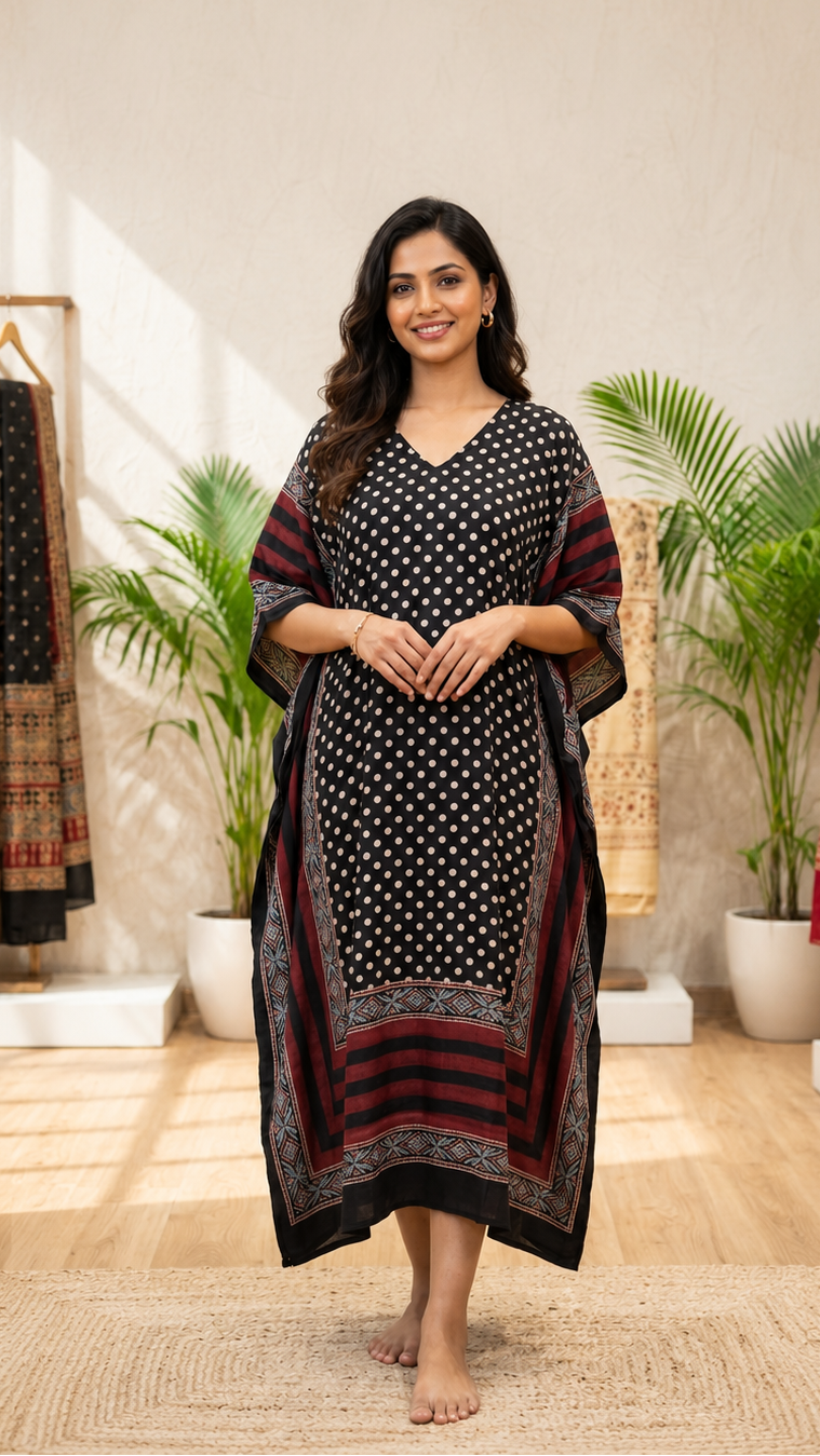 Woman wearing a black and red patterned V neck Kaftan by Kutch Poshak