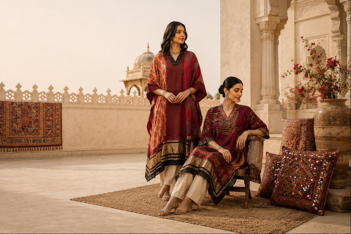 Two women in traditional attire standing on a rooftop with architectural and decorative elements.