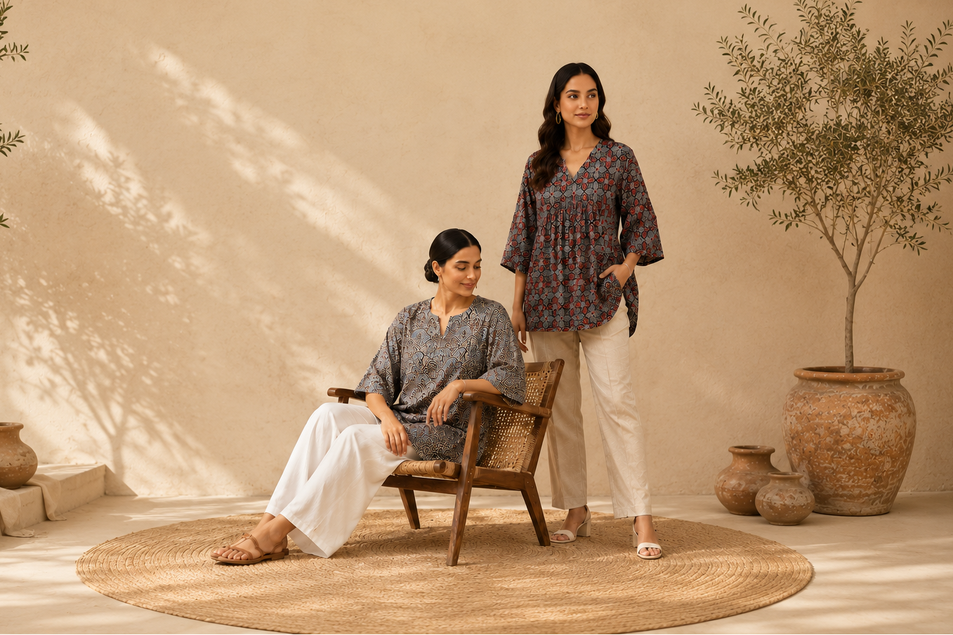 Two women wearing Kutch Poshak Top and Kaftan Shirt