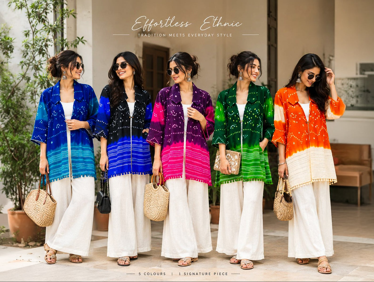 Five women stand in a covered walkway wearing matching embroidered tunic tops by Kutch Poshak in different bright colors: blue, black, purple, green, and orange, paired with white wide-leg pants. The image includes the text 'Effortless Ethnic' at the top and '5 COLOURS | 1 SIGNATURE PIECE' at the bottom.