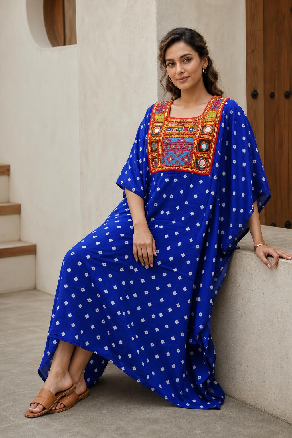 Modal Silk Bandhej Vintage patch Kaftan - KutchPoshak model shot