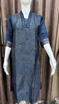 Navy, Indigo Ivory Modal Silk Kurti with Mirror Hand Work from Kutch Poshak