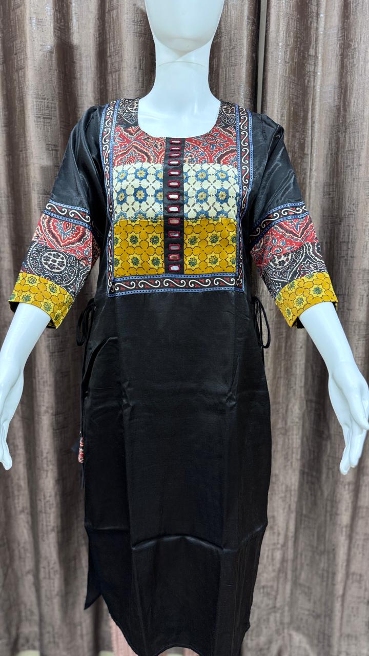 Mushroom Silk Kurti with Ajrakh Patchwork and Mirror Detailing by Kutch Poshak