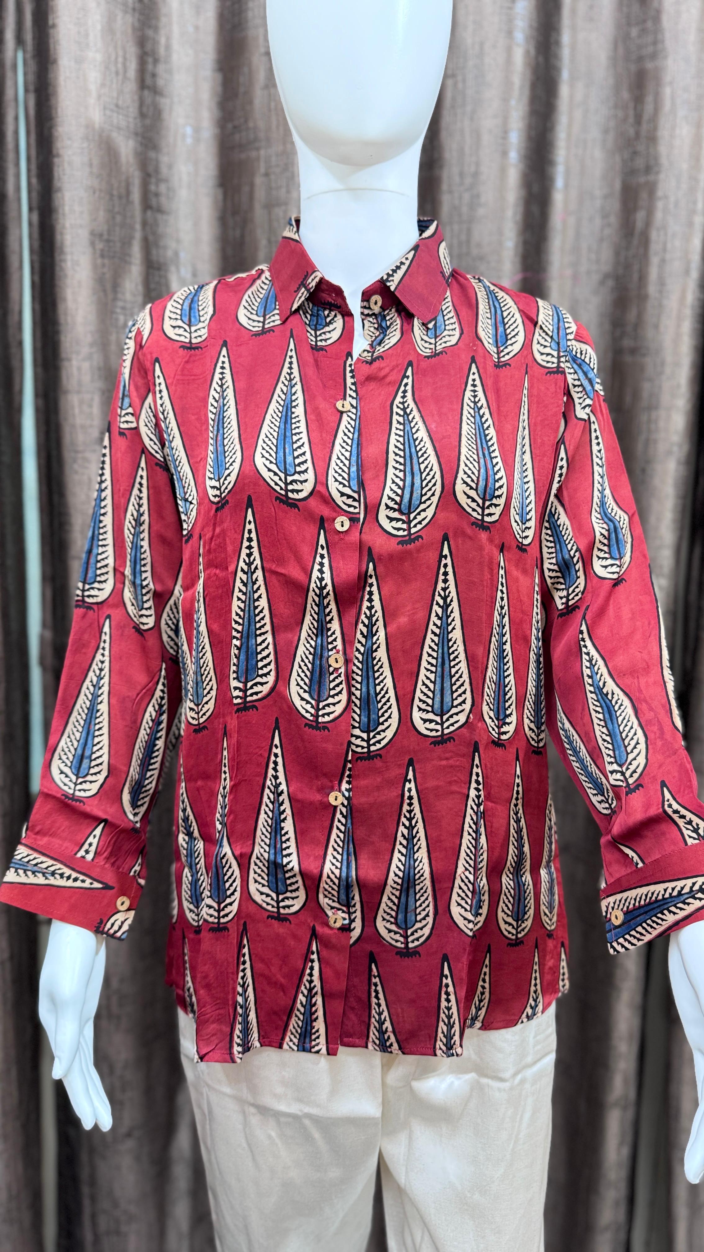 Black, Blue, Beige, Red, Green, Yellow Pure Natural Ajrakh Full Sleeve Shirts from Kutch Poshak