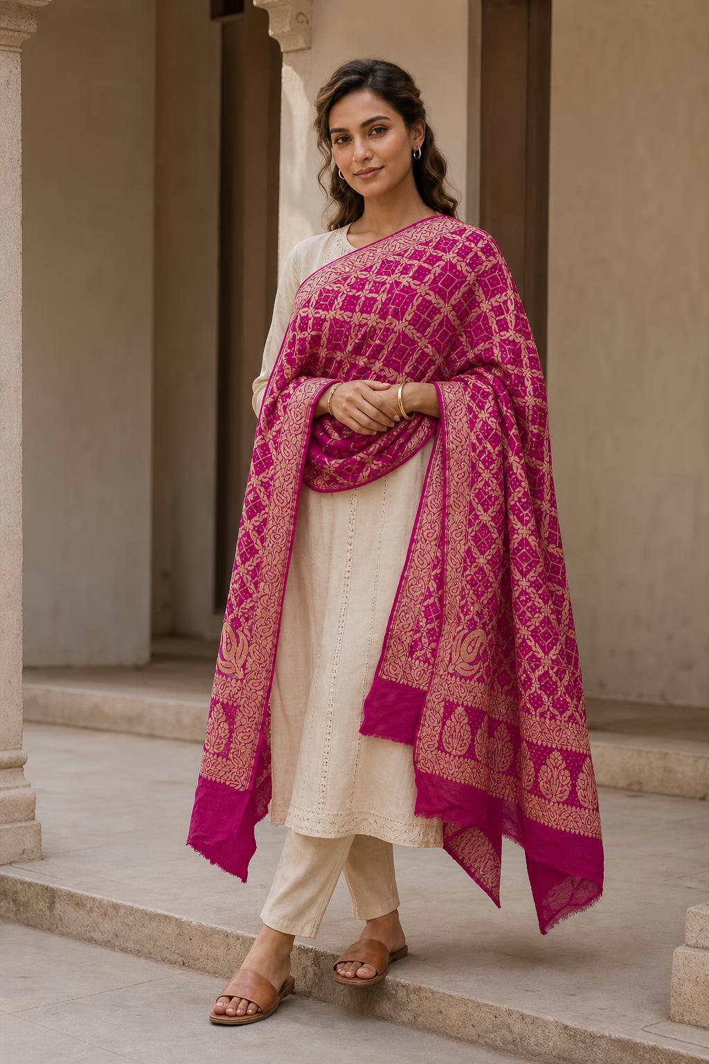 Pure Khadi Georgette Hand Bandhej Dupatta - KutchPoshak model shot