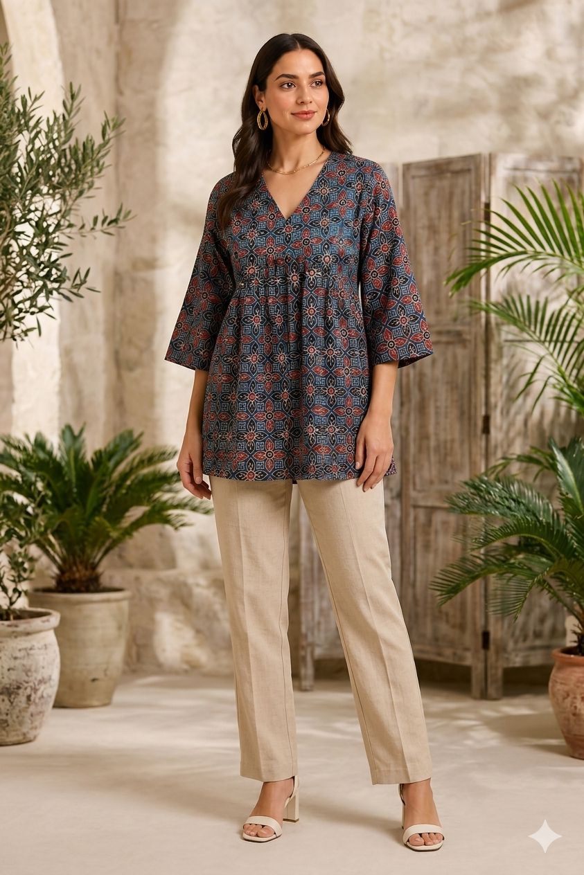 Close up of Pure Cotton Ajrak Handblock Print Top - Kutch Poshak