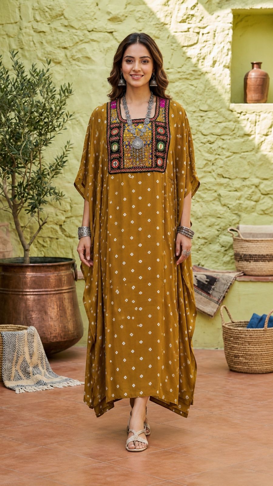Modal Silk Bandhej Vintage patch Kaftan