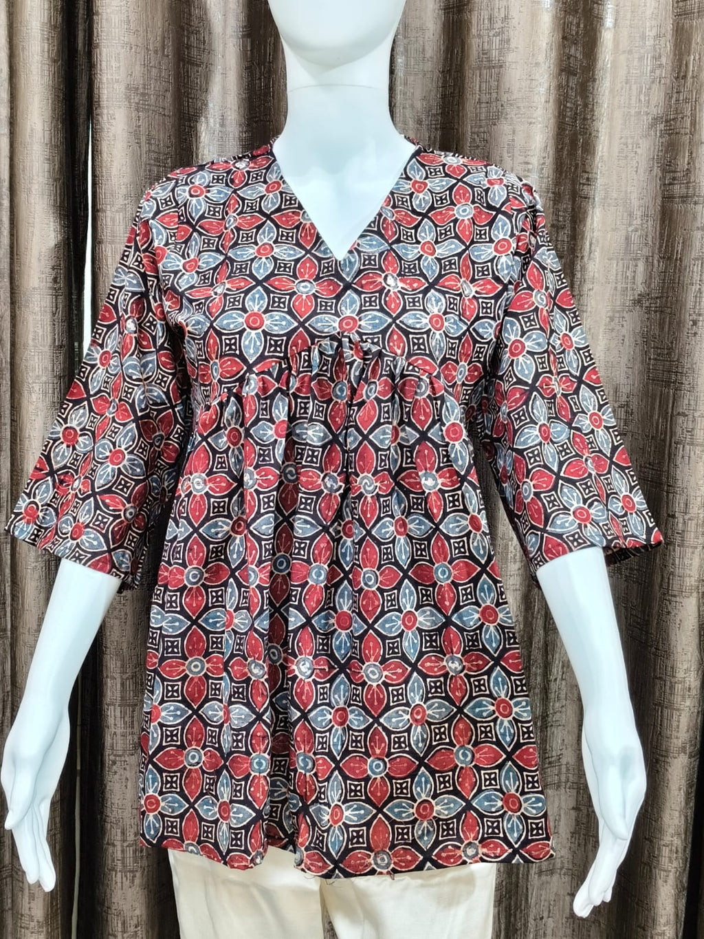 Close up of Pure Cotton Ajrak Handblock Print Top - Kutch Poshak