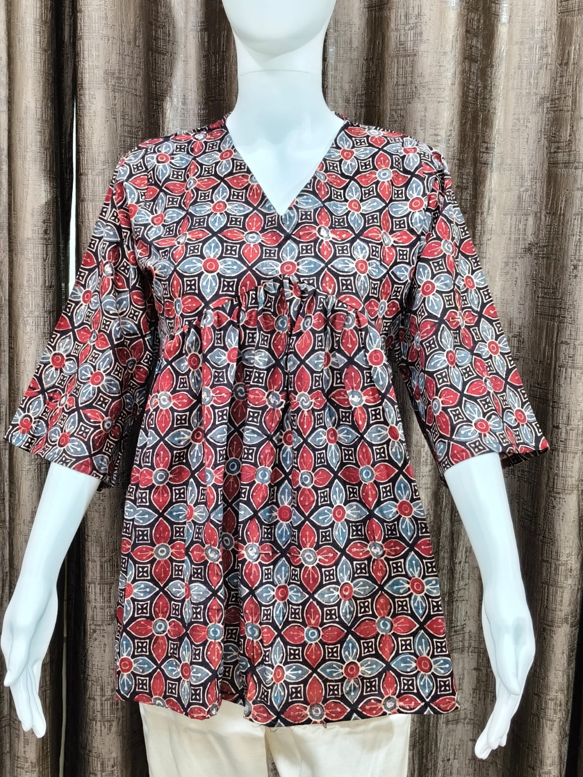 Close up of Pure Cotton Ajrak Handblock Print Top - Kutch Poshak