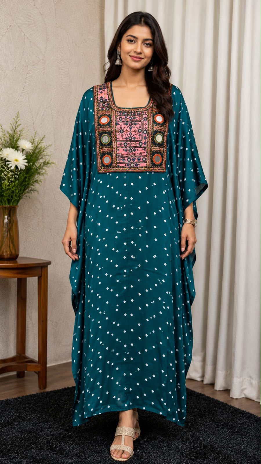 Modal Silk Bandhej Vintage patch Kaftan