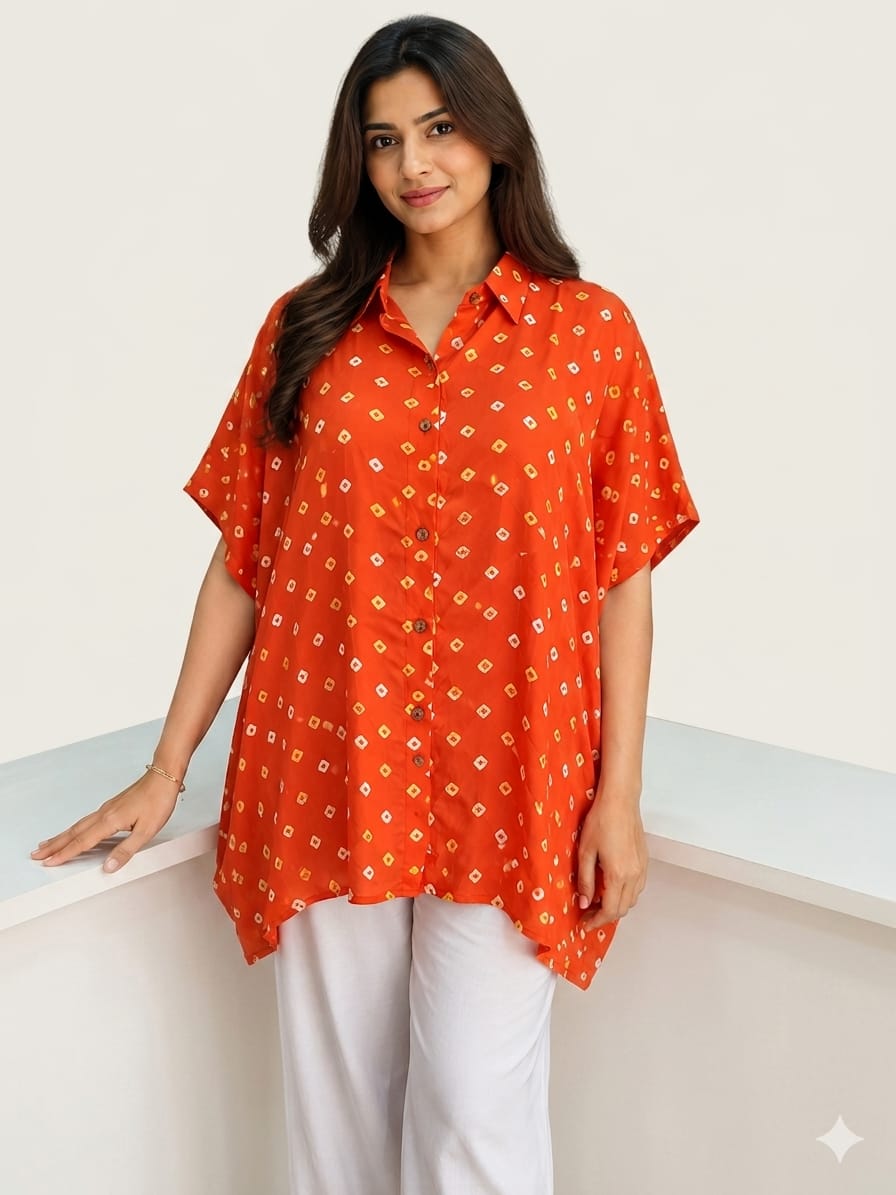Modal Silk Bandhej Kaftan Shirt