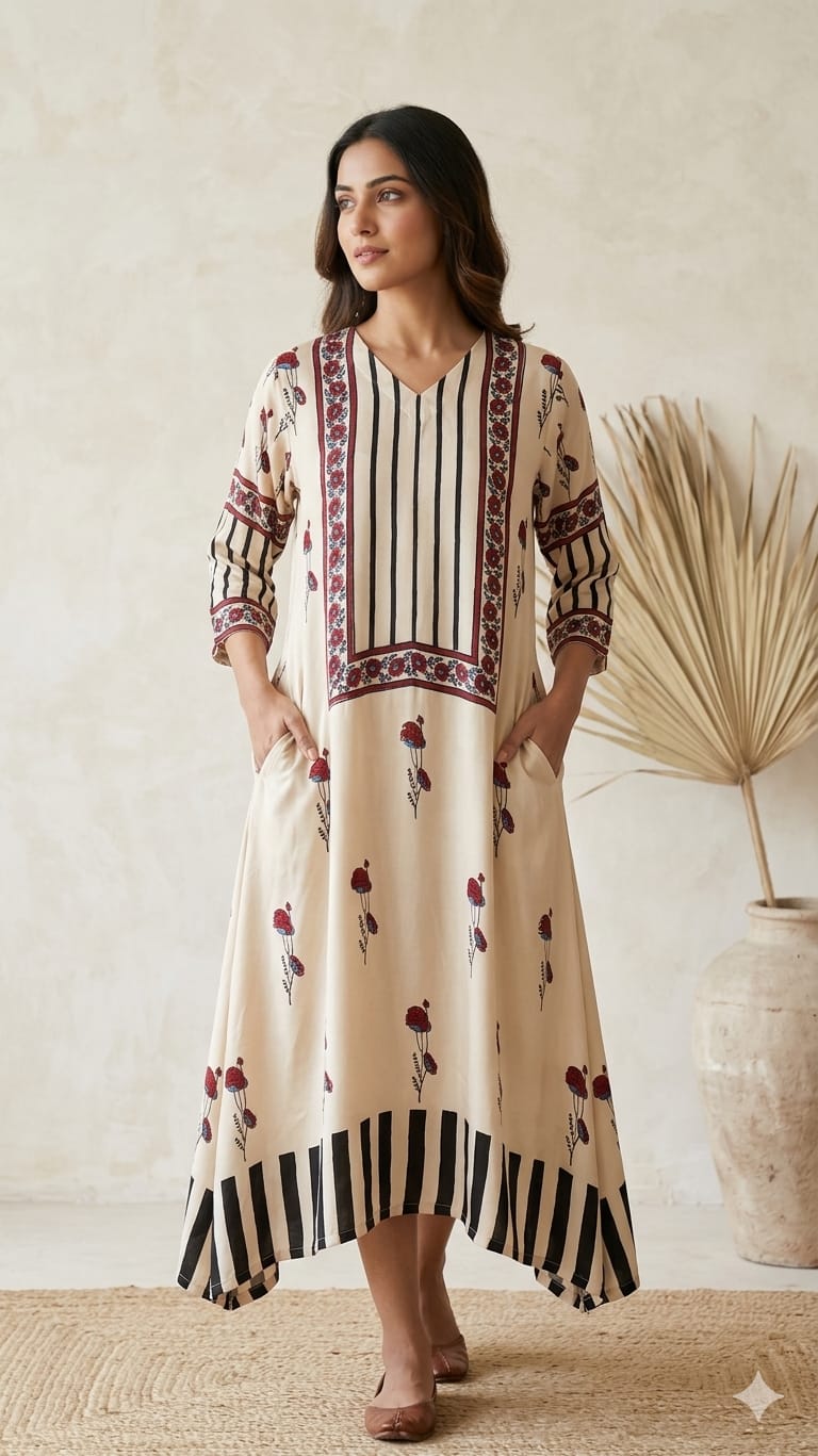 Ivory Pure modal Silk natural ajrakh handblock kurti from Kutch Poshak