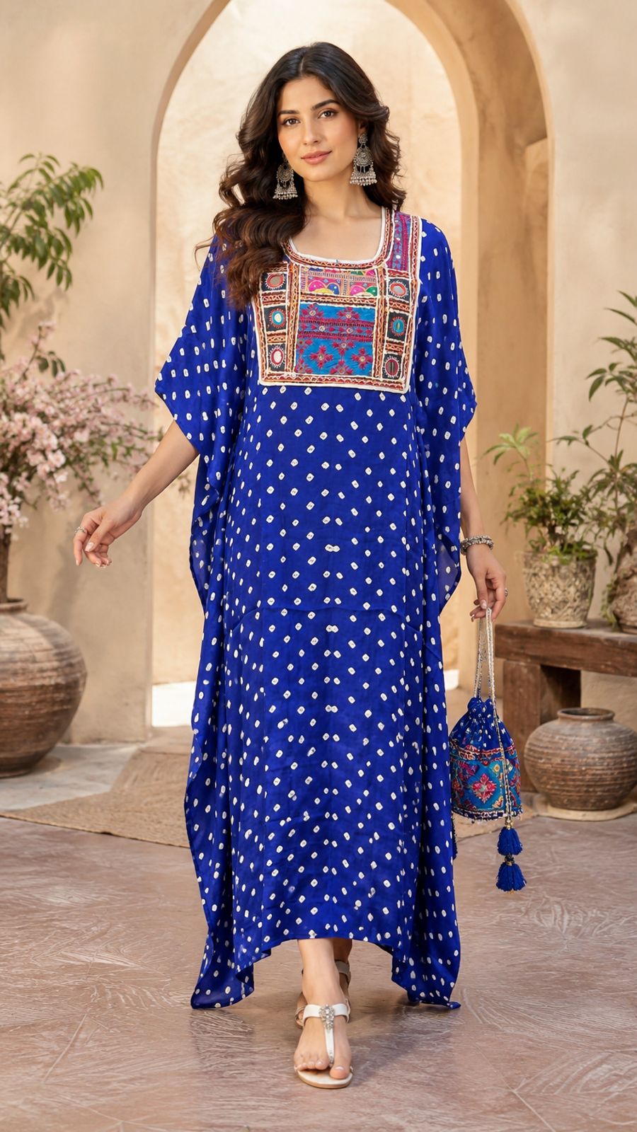Modal Silk Bandhej Vintage patch Kaftan