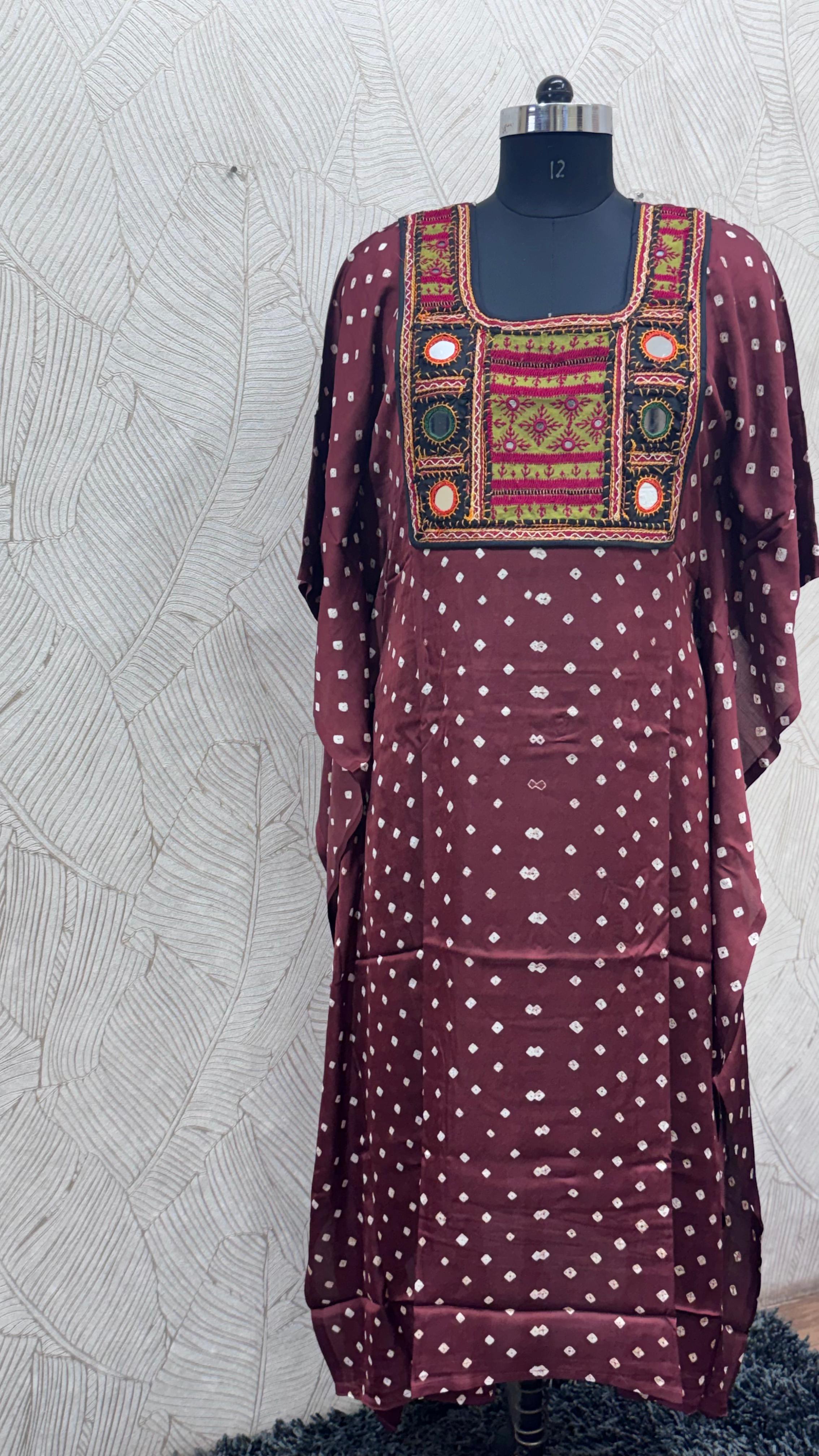 Modal Silk Bandhej Vintage patch Kaftan