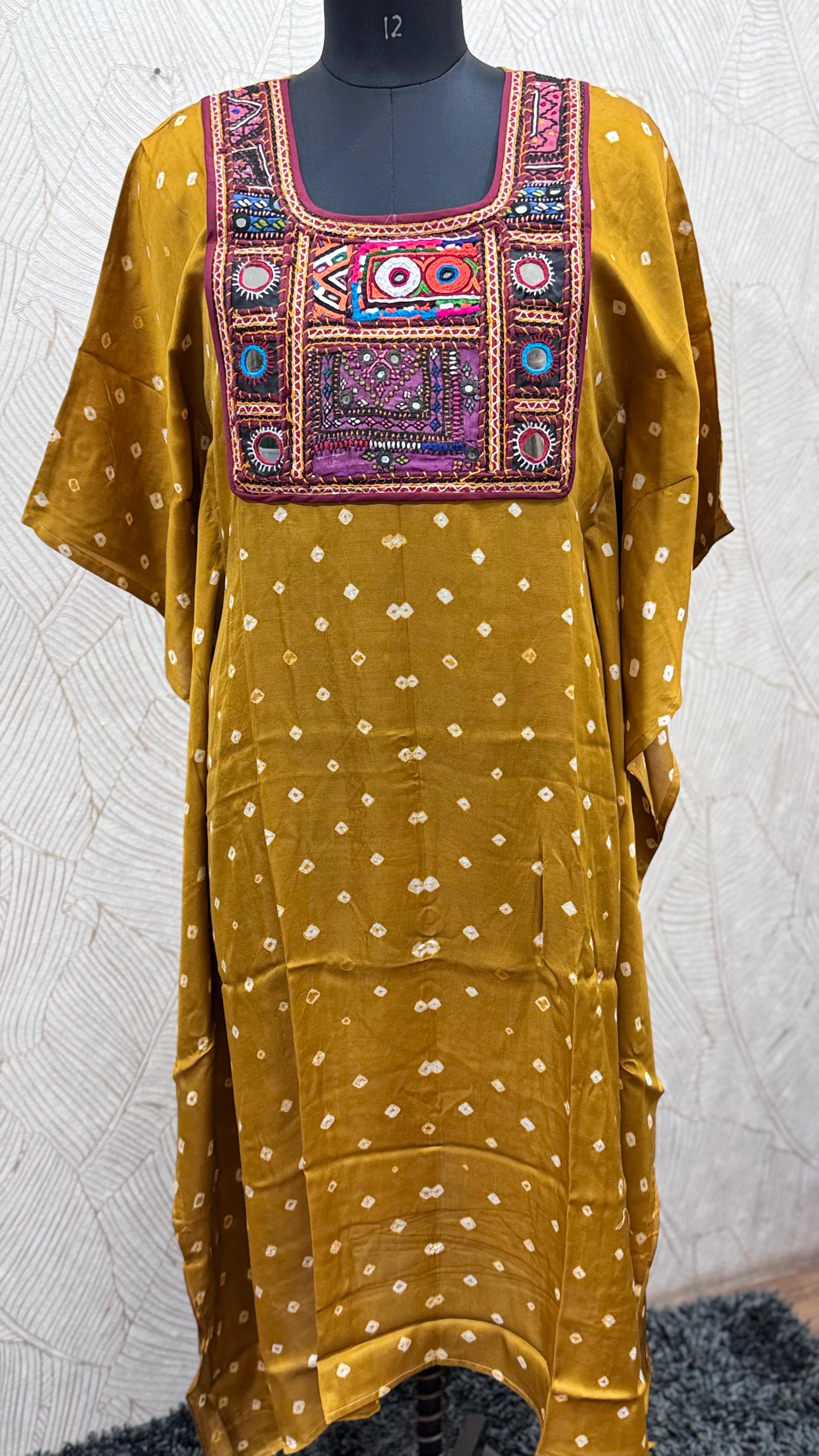 Modal Silk Bandhej Vintage patch Kaftan