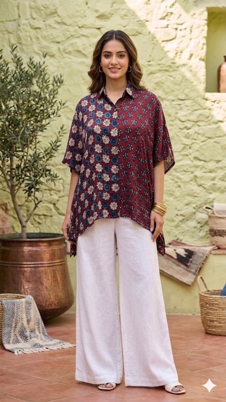Modal Silk Kaftan Shirt (half & half design) by Kutch Poshak
