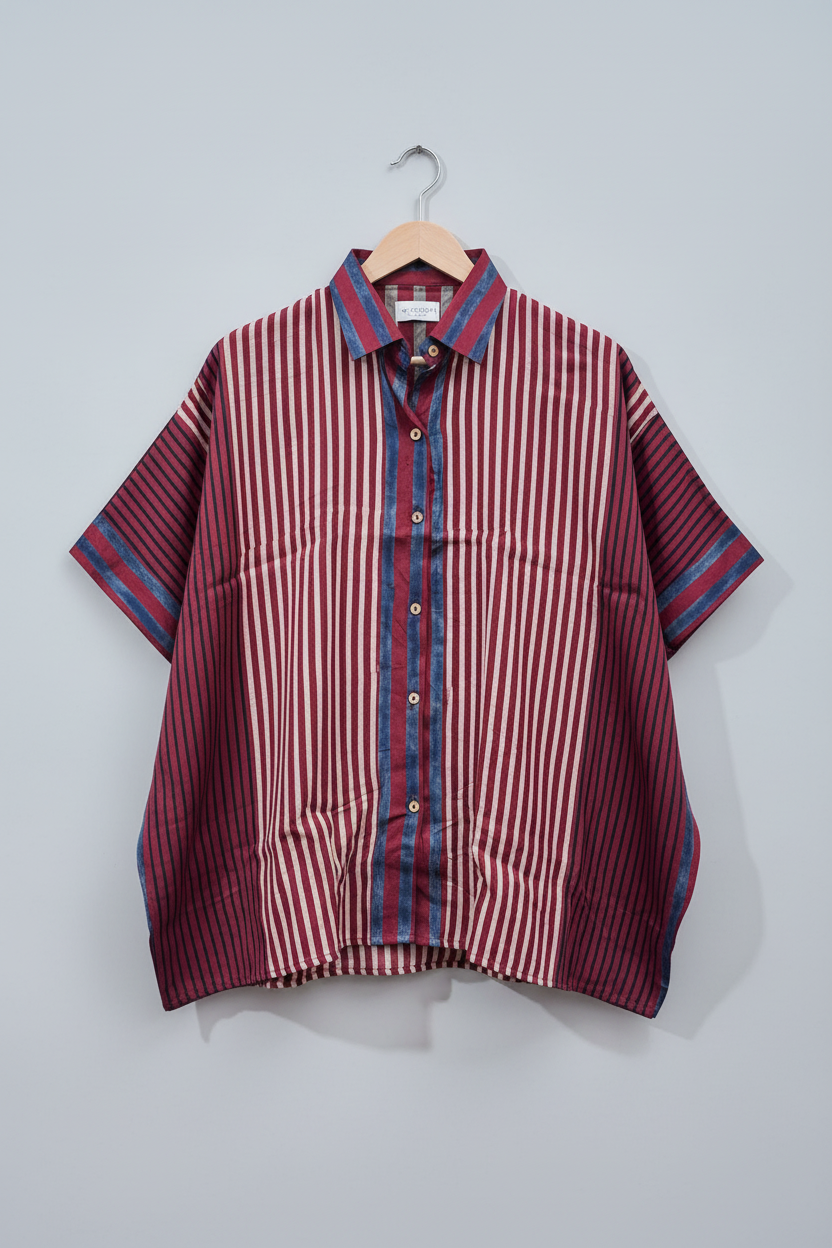 Red and white Kaftan Style Shirt by Kutch Poshak