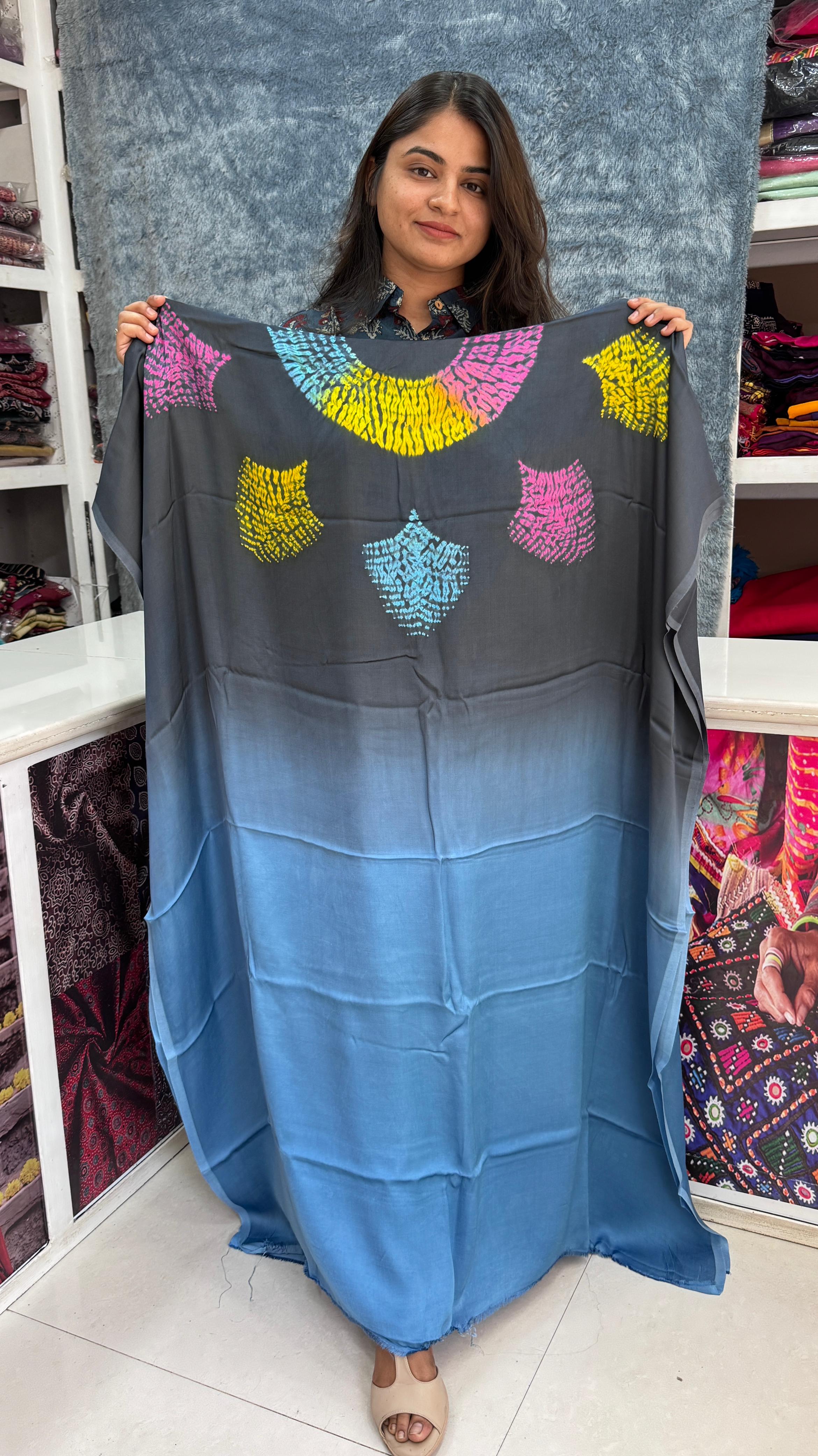 Black Blue, Maroon Brown, Deep Plum Maroon, Maroon Purple, Gray Pink, Maroon Blue, Sky Deep Blue, Maroon Pink, Green Yellow, Green Purple Modal Silk Multi Shibori Unstitched Kaftan Top Fabric from Kutch Poshak