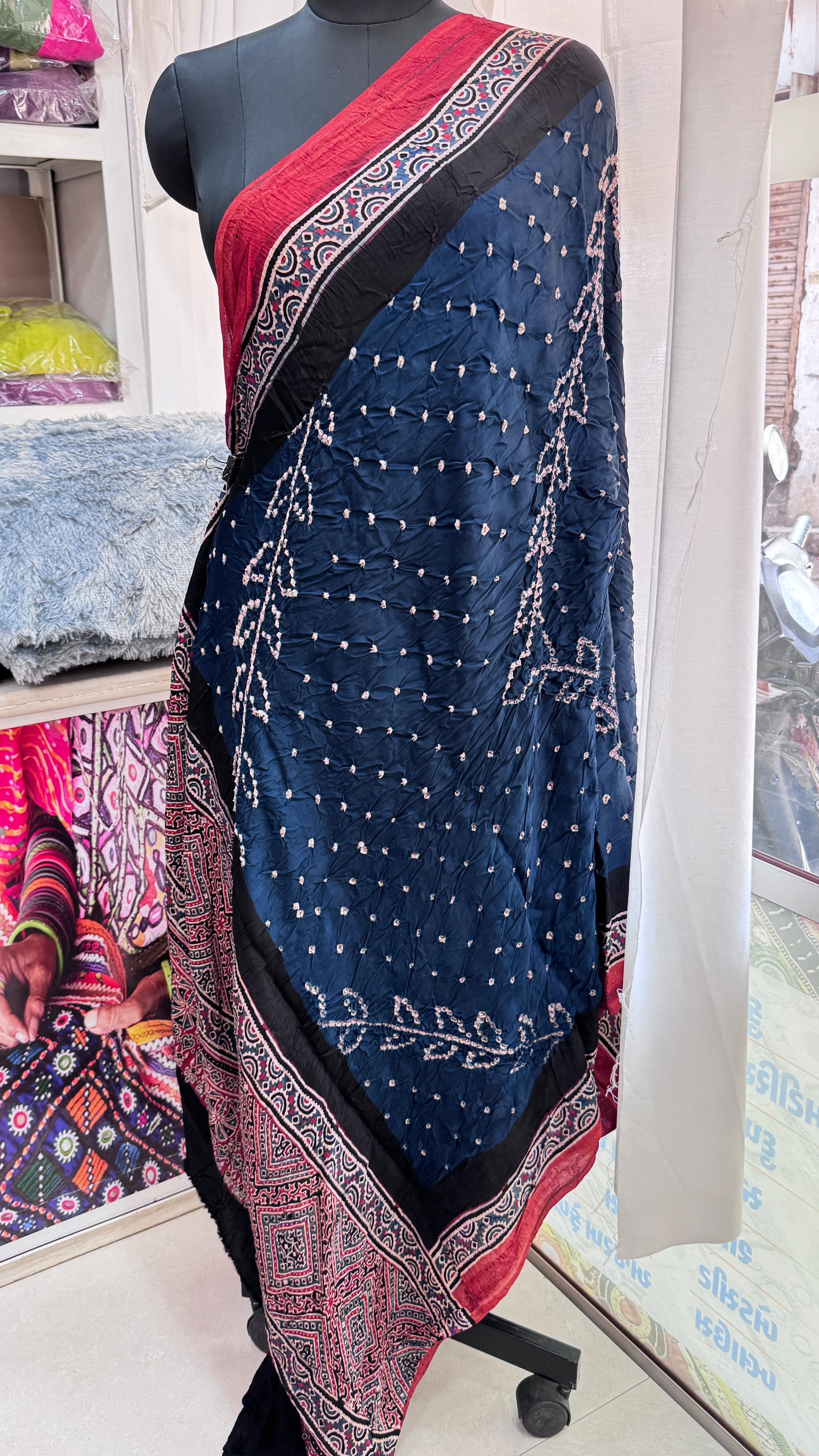 Pure modal silk bandhej with ajrakh dupatta by Kutch Poshak