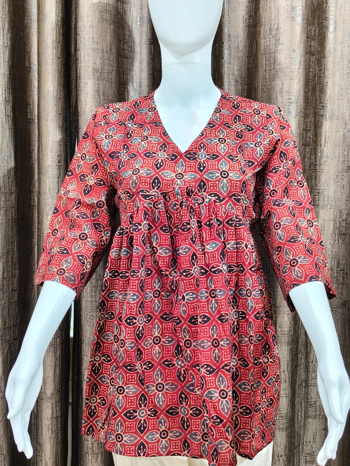 Close up of Pure Cotton Ajrak Handblock Print Top - Kutch Poshak
