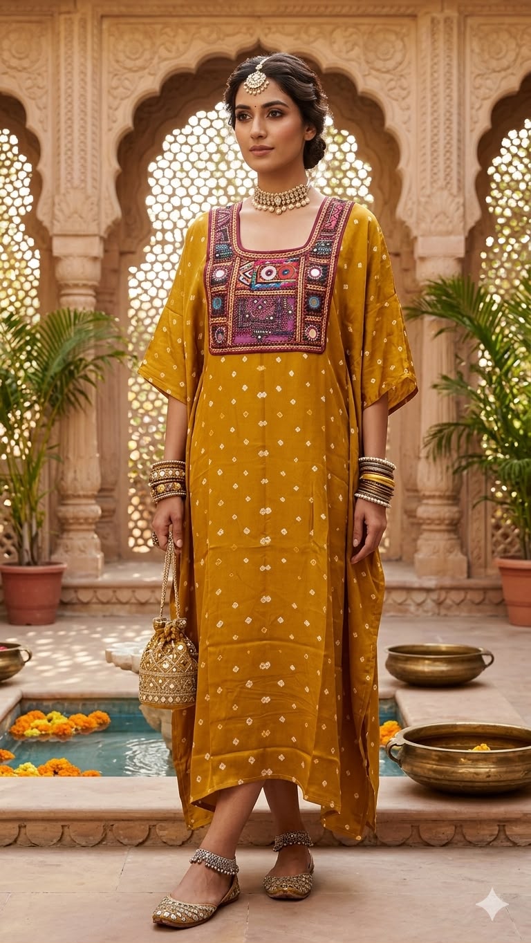 Modal Silk Bandhej Vintage patch Kaftan