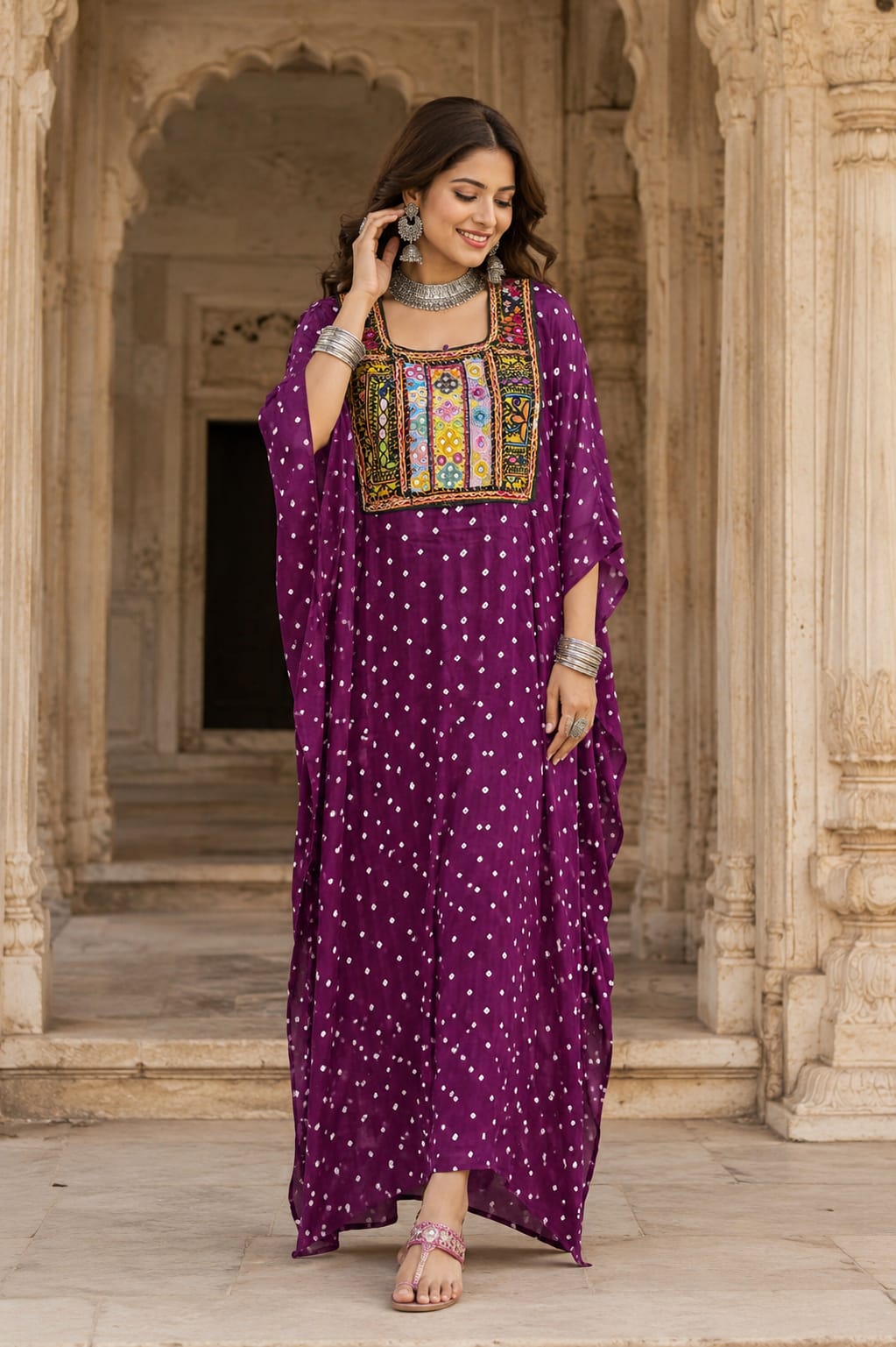 Modal Silk Bandhej Vintage patch Kaftan