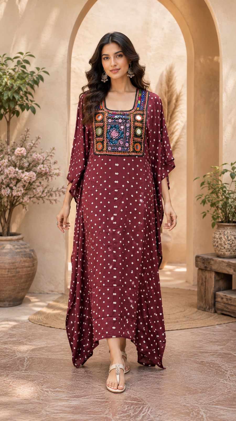Modal Silk Bandhej Vintage patch Kaftan