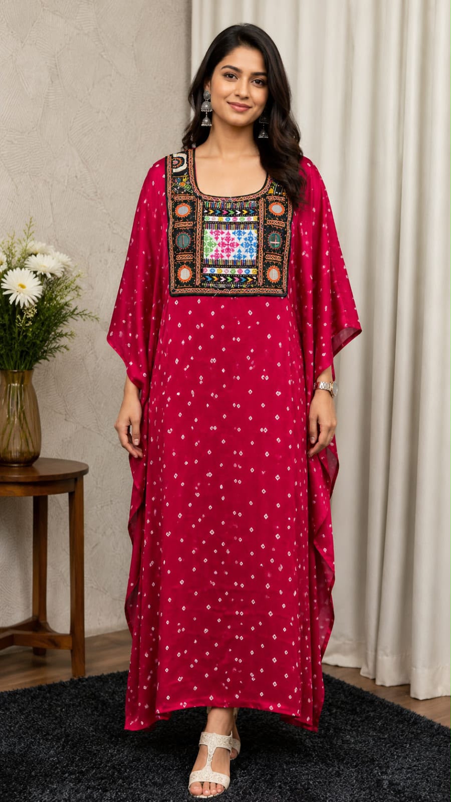 Modal Silk Bandhej Vintage patch Kaftan