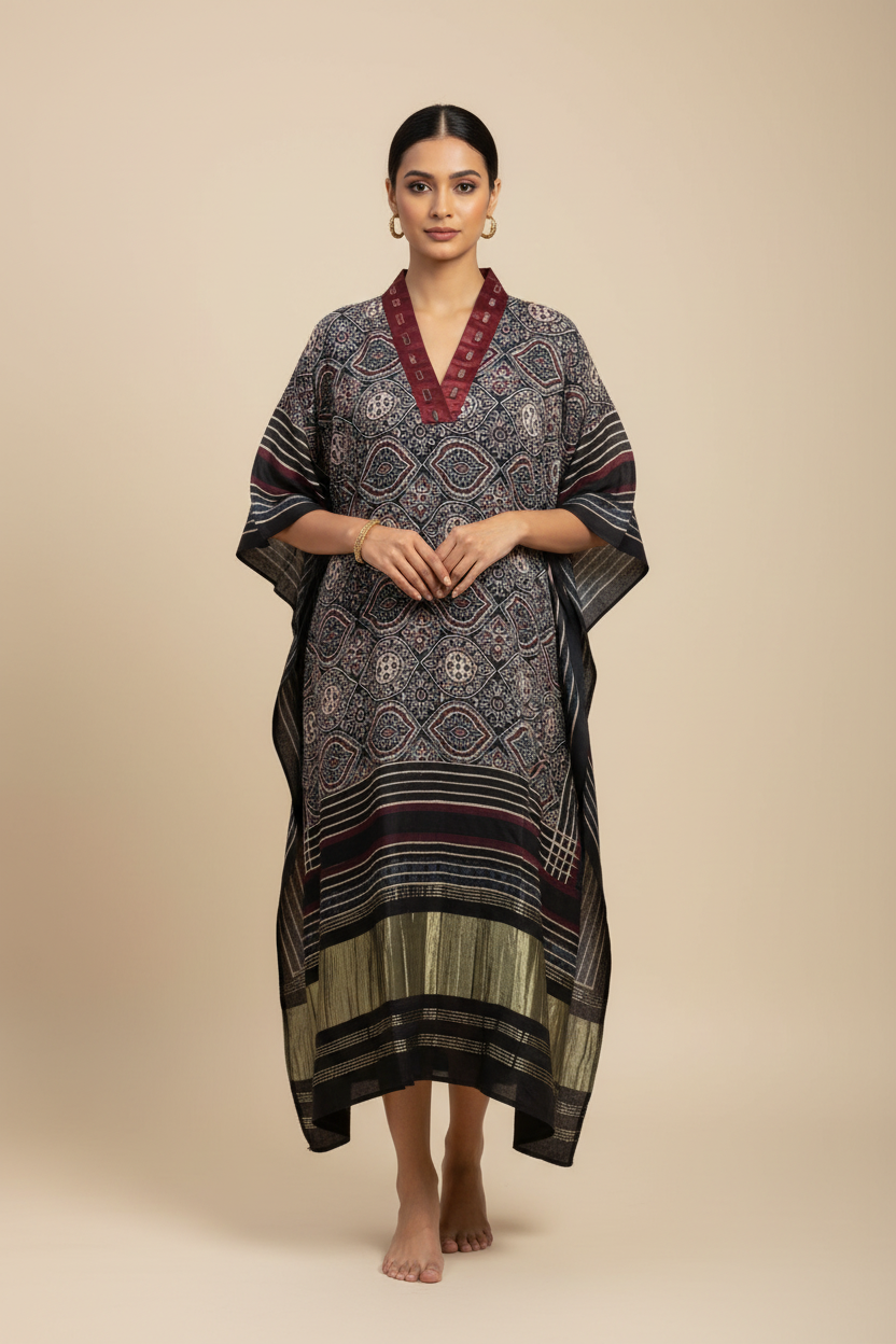Modal Silk V-neck Kaftan Tissue border