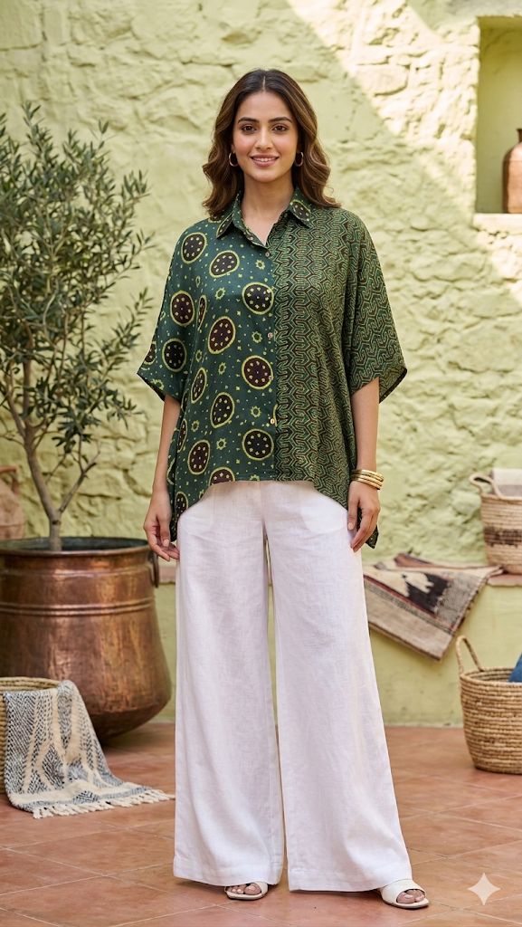 Beautiful Modal Silk Kaftan Shirt (half & half design) showcasing premium design - Kutch Poshak