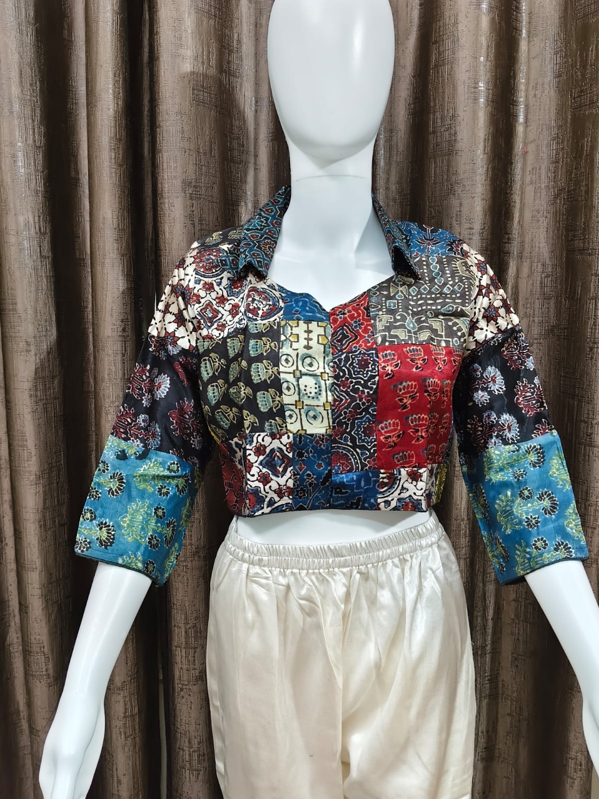 Beautiful Pure Mushroom Silk Ajrakh Patchwork Jacket Crop Top showcasing premium design - Kutch Poshak