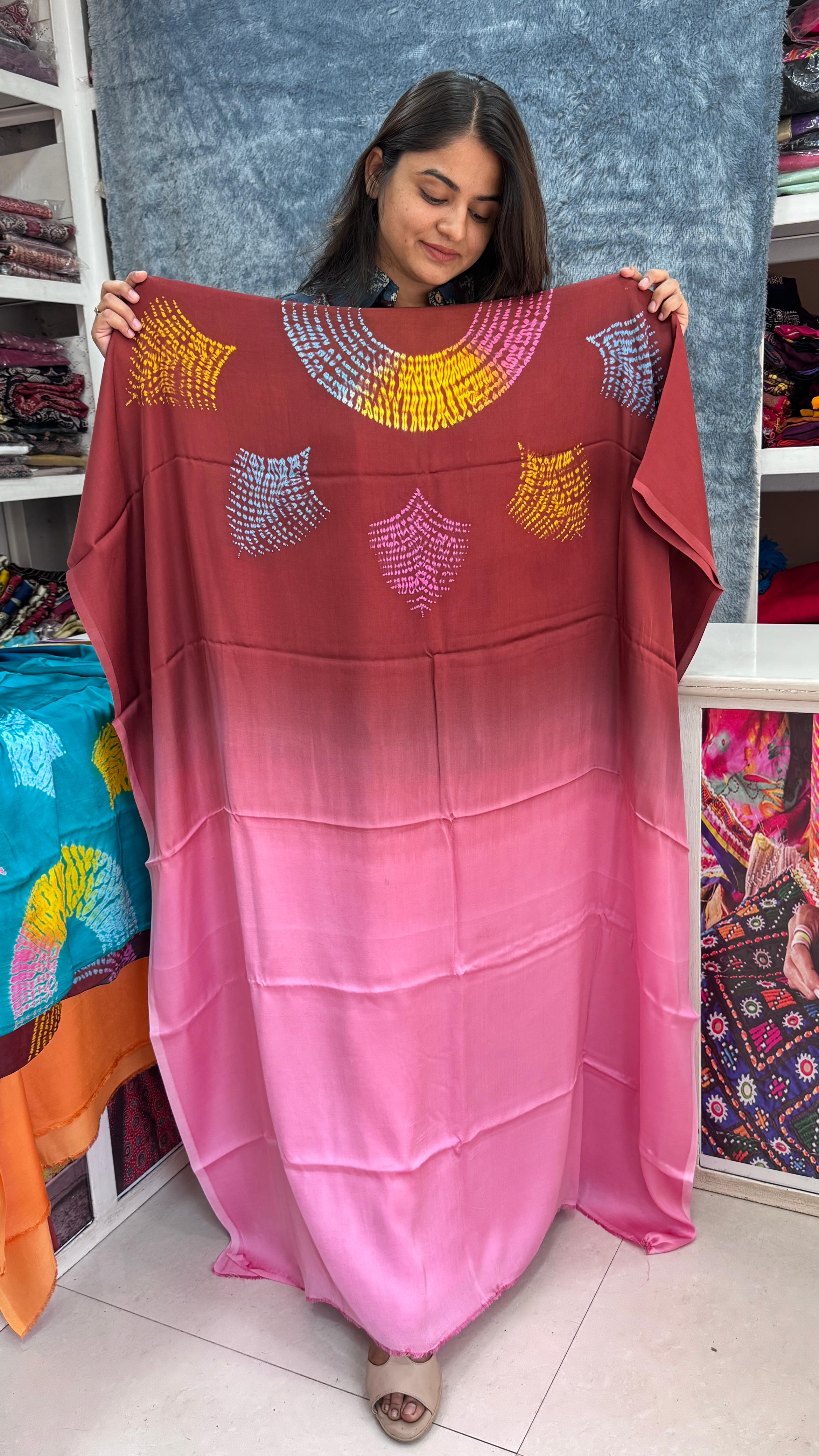 Close up of Modal Silk Multi Shibori Unstitched Kaftan Top Fabric - Kutch Poshak