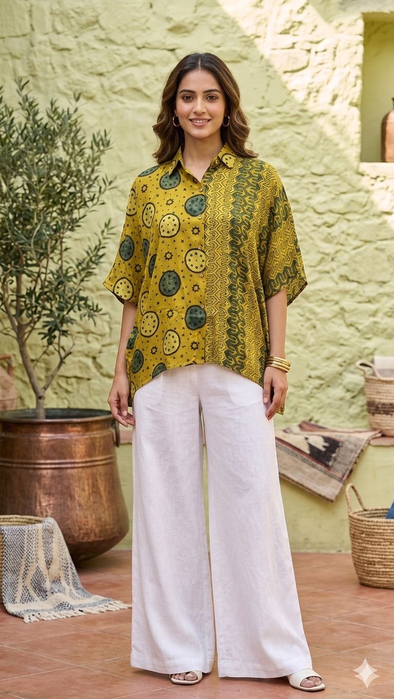 Close up of Modal Silk Kaftan Shirt (half & half design) - Kutch Poshak