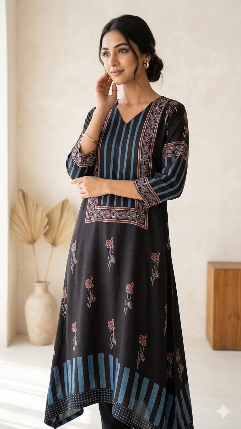 Black Pure Modal Silk Designer Ajrakh handblock kurti from Kutch Poshak