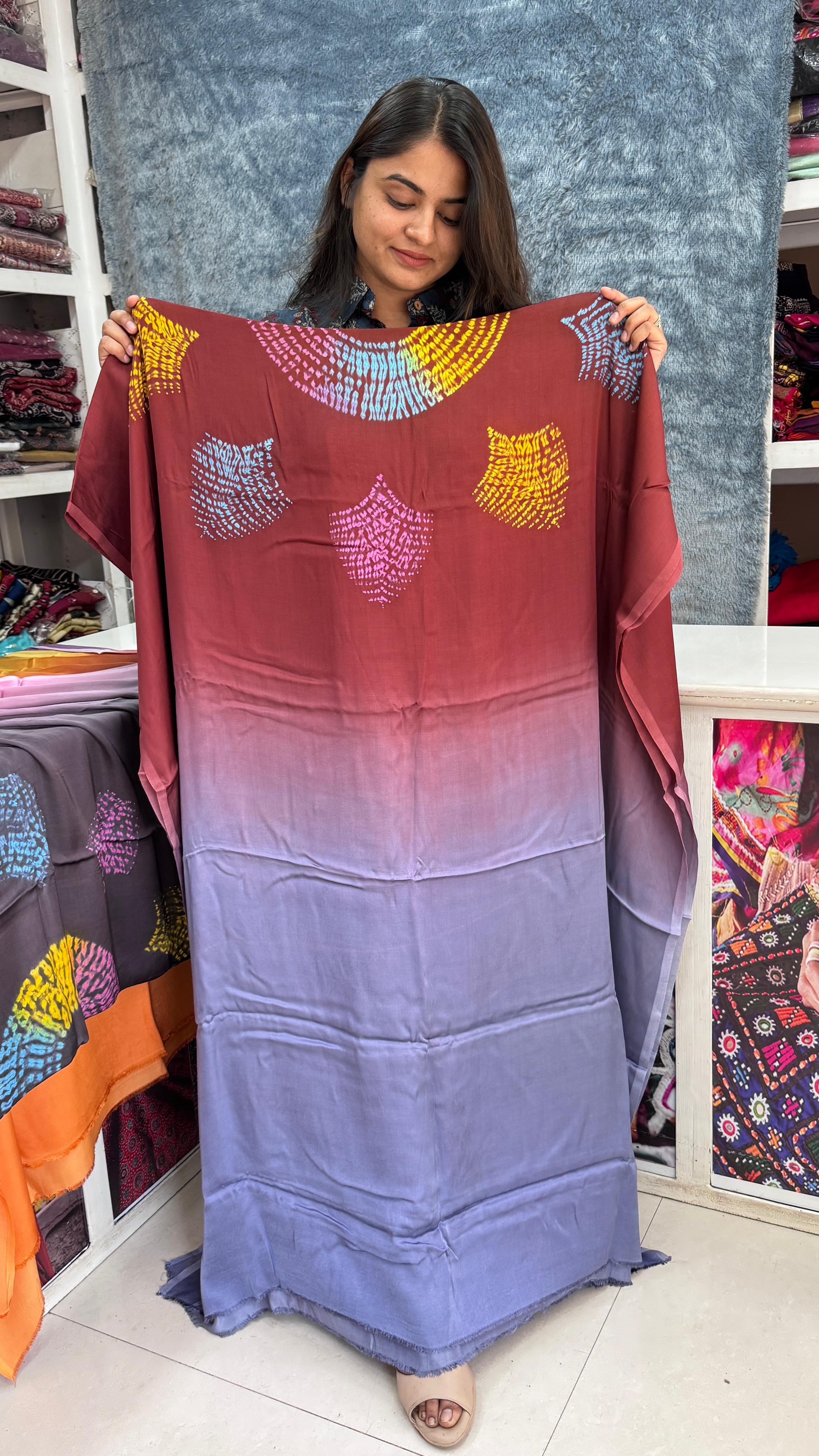 Black Blue, Maroon Brown, Deep Plum Maroon, Maroon Purple, Gray Pink, Maroon Blue, Sky Deep Blue, Maroon Pink, Green Yellow, Green Purple Modal Silk Multi Shibori Unstitched Kaftan Top Fabric from Kutch Poshak