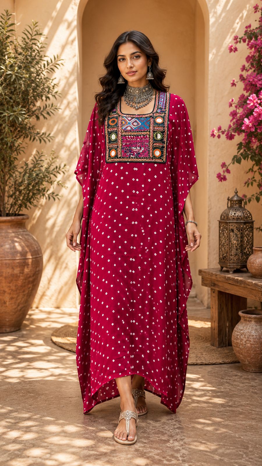 Modal Silk Bandhej Vintage patch Kaftan