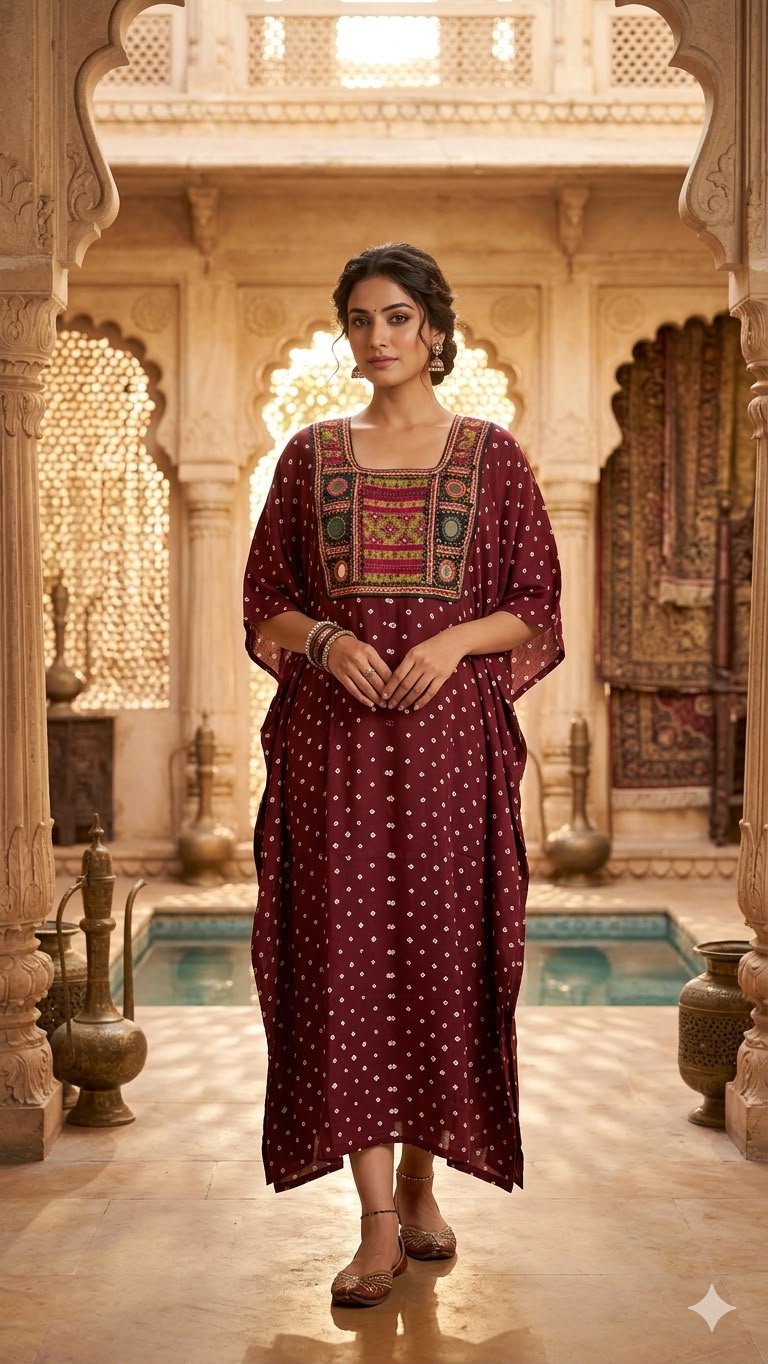 Modal Silk Bandhej Vintage patch Kaftan